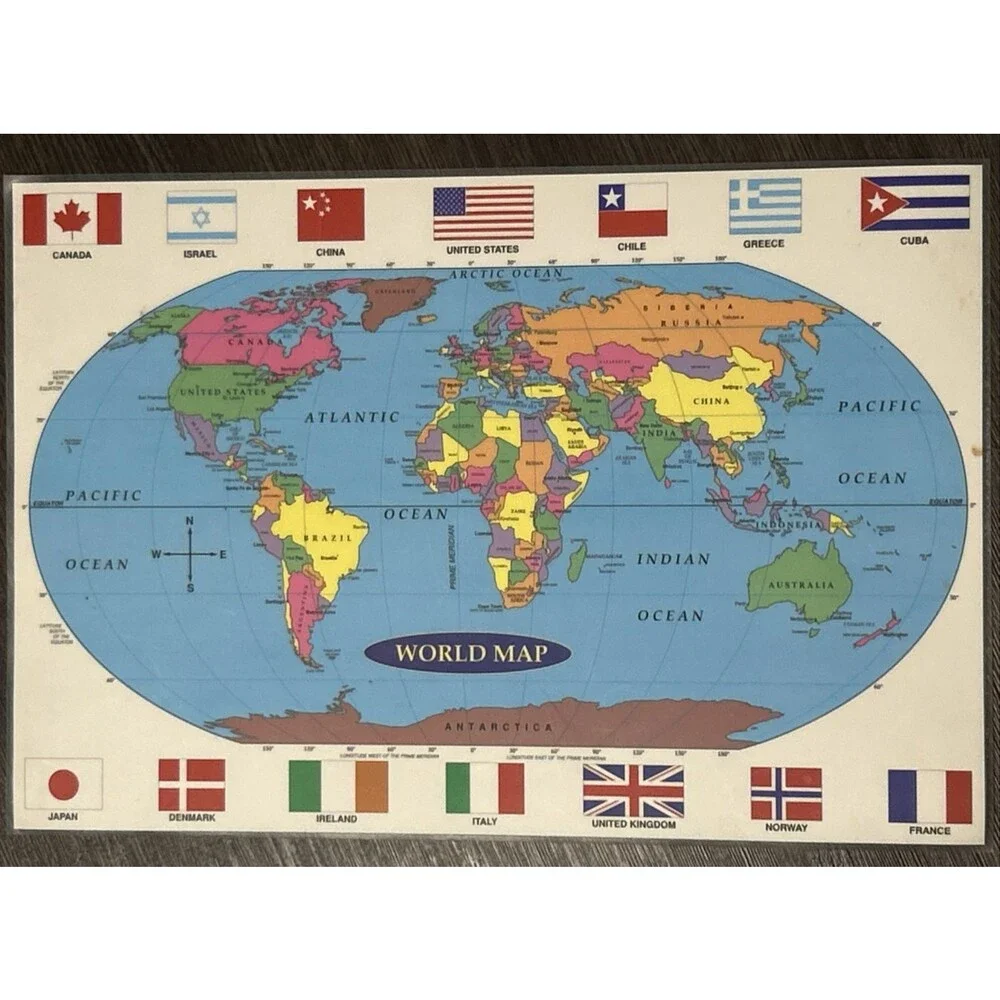 Rand McNally Laminated 1993 World Map Atlas Placemat 2 sided kids puzzle games
